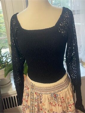 Shabby Chic Black Lace Smocked Square-Neck Long Sleeve Top